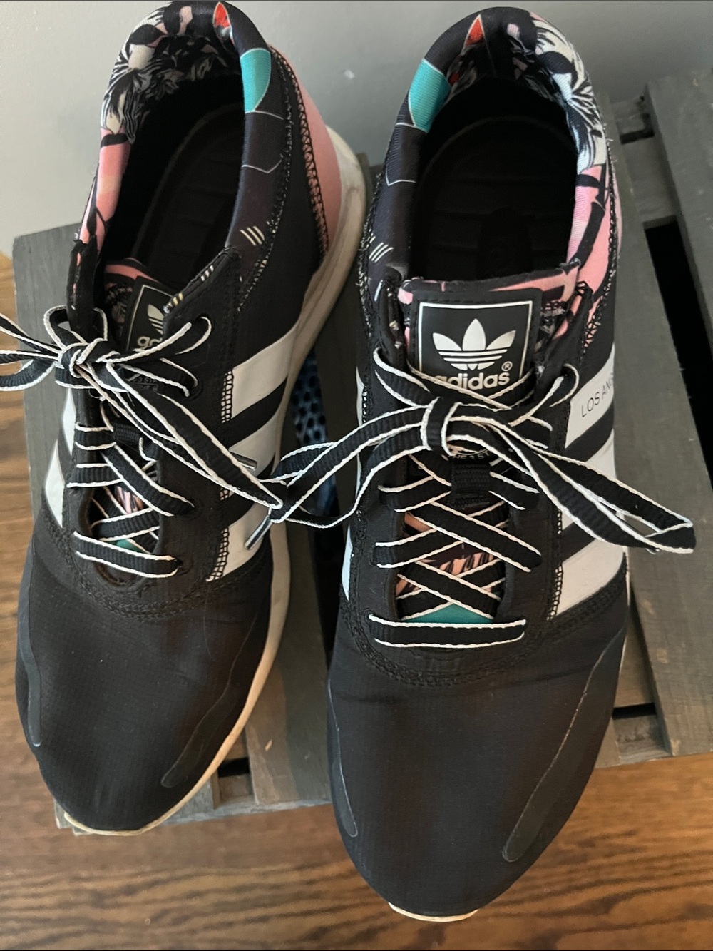 Adidas "Los Angeles" Black Sneakers with Pink & Teal Floral Trim